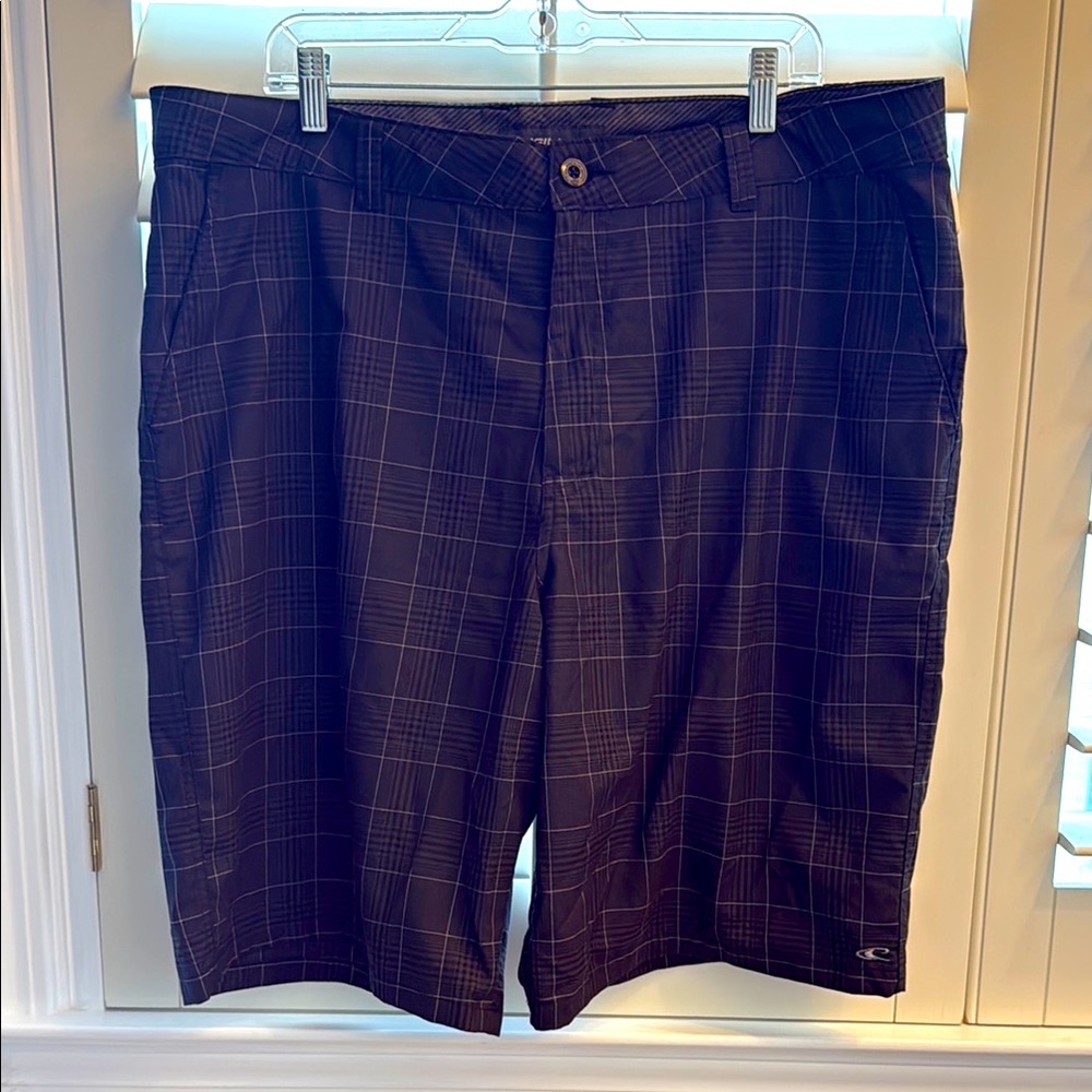 Men’s O’Neill Black Plaid Flat Front Shorts With Pockets Sz 40
